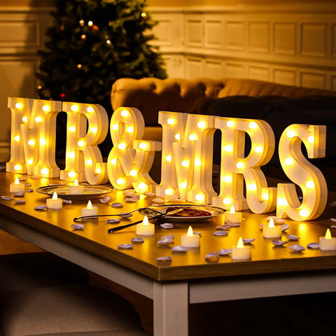 Mr And Mrs LED Light Up Sign 8.4 Inch With 12 Flameless Candles, 300 Artificial Rose Petals on wedding table