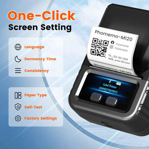Bluetooth Label Printer M120 On The Go Portable Thermal Barcode Printer with App for 2 Inch Wide Labels shown with printed label close-up.
