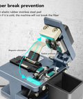 Pro Optical Fiber Cleaver Machine with Tungsten Steel Blade For Precision 90 Degree Cuts showing rubber pads and clamps for fiber protection.