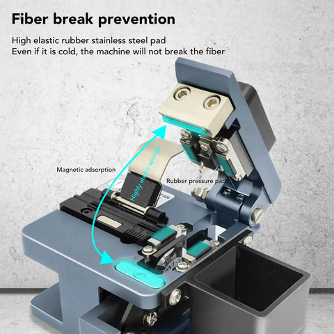 Pro Optical Fiber Cleaver Machine with Tungsten Steel Blade For Precision 90 Degree Cuts showing rubber pads and clamps for fiber protection.