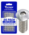 Button Head Socket Cap Screws 1/4-28 x 5/8 Stainless Steel 18-8 Full Thread Bright Plain Finish Corrosion Resistant Machine Thread Allen Socket Drive 25 Pack For Furniture And Bikes And DIY Projects By Fastenere, packaging and single screw