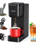 All In One Compact Coffee Maker For K Cup Pods Ground Coffee And Tea Leaves Brews Dope Hot Bold And Over Ice In 6 To 16 Oz Sizes Perfect For Small Kitchens Dorm Rooms Or Office Black Version Two with red cup
