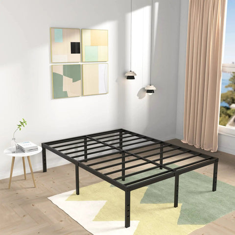 Heavy Duty 18 Inch Full XL Metal Bed Frame Zero Flex Rock Solid Steel Platform Base in a modern bedroom setting.