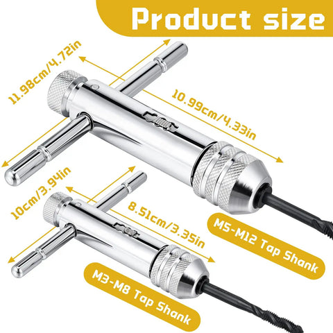 Two Pack Ratchet T Handle Tap Wrenches, Adjustable T Bar Handles With Reversible Ratcheting Action, Chrome Finish