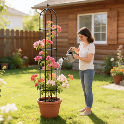 Woman watering flowers on Beefy 76 Inch Weather Resistant Rustproof Metal Garden Trellis For Climbing Plants, in a backyard setting.