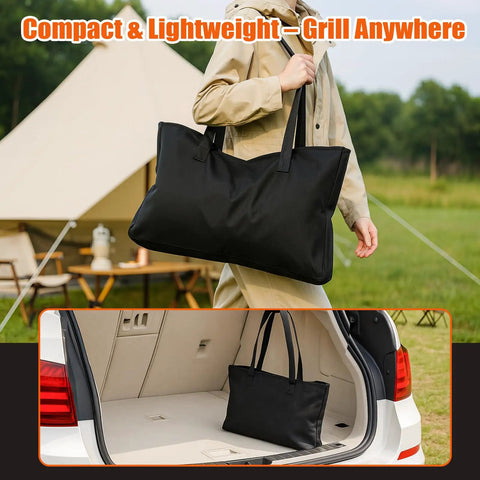 Person carrying Portable Camping Grill Foldable Charcoal And Gas BBQ With Carry Bag For Outdoor Cooking Camping Tailgating Patio