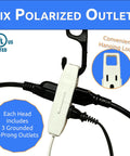 Close-up of Twin Extension Cord Power Strip with Wall Hugger Flat Head showing six polarized outlets and hanging loop feature.