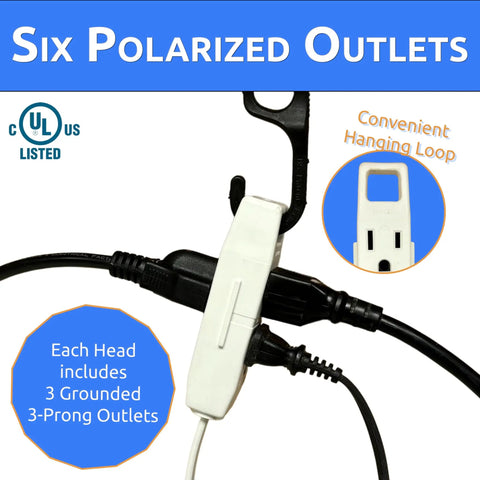 Close-up of Twin Extension Cord Power Strip with Wall Hugger Flat Head showing six polarized outlets and hanging loop feature.
