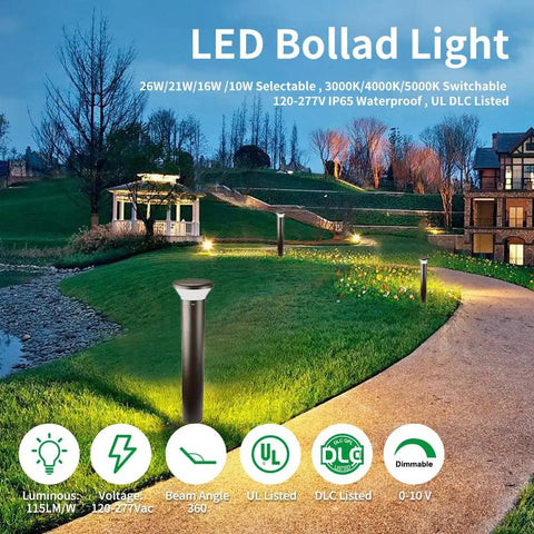 Heavy Duty Led Bollard Light 42 Inch Outdoor Pathway Fixture With Adjustable Watts And Tunable Temps For Driveway Glow Up And Backyard Hangout Spot Ul Listed One Pack in landscaped setting.