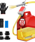 Front view of red portable fuel transfer pump with 51-inch hose, auto-stop, 3.8 GPM, and 4 adapters.
