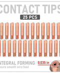 Twenty Five Pack MIG Welding Contact Tips 000-068 0.035 Inch For Miller Millermatic M10 M15 M25 M40 M100 M150 And Hobart H Series Guns With Gas Diffuser, copper contact tips displayed.