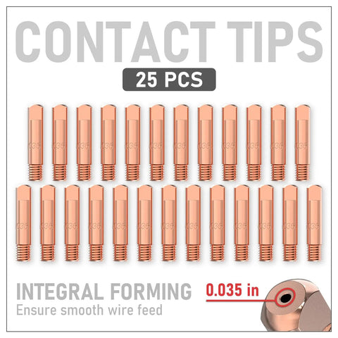 Twenty Five Pack MIG Welding Contact Tips 000-068 0.035 Inch For Miller Millermatic M10 M15 M25 M40 M100 M150 And Hobart H Series Guns With Gas Diffuser, copper contact tips displayed.