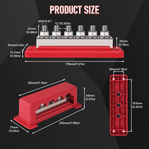 Product size dimensions for Two Pack 600 Amp Bus Bar Power Distribution Block For 12 To 48 Volt Systems Marine Boat RV And Automotive Use