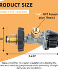 Tank Top Propane Regulator Valve Kit For Portable Heaters That Plays Nice With SunRite SRC15T SRC30T Dura Heat GR121 HD15 And MH Series Tank Top Heaters Replacement Parts, side view, showing dimensions and pipe thread details.