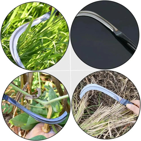 Collage of two pack steel willow leaf sickles used for harvesting grass and weeds, showing arc blade and wooden handle.