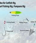 Diagram of fishing rig setup with circle hook, beads, float, swivel, sinker, and Heavy Duty Pyramid Sinker Fishing Weights Lead Sinker.