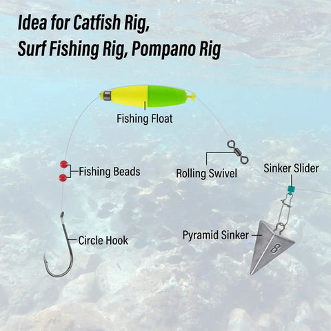 Diagram of fishing rig setup with circle hook, beads, float, swivel, sinker, and Heavy Duty Pyramid Sinker Fishing Weights Lead Sinker.