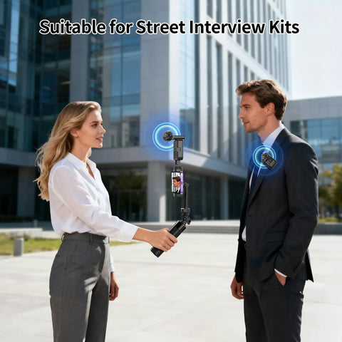 Woman using Vlogging Kit for iPhone and Android, 31 Inch Selfie Stick Tripod With LED Light, Microphone, Remote for street interview