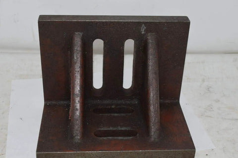Webbed Angle Plate Eight Inch Wide Five Inch Deep Six Inch High With Machined Finish Durable Cast Iron Construction Fifteen Sixteenth Inch Plate Thickness Two Webs Four Slots At Nine Sixteenth Inch Each For Precise Workholding On Milling Machines And front view