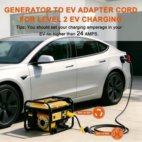 Badass Heavy Duty Nema L6-30p To 14-50r Ev Charger Adapter Cord connecting generator to Tesla for EV charging.
