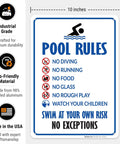 Pool Rules Sign Keeps It Real For Swimmers With Swim At Your Own Risk Note No Diving No Running No Food No Glass Durable Aluminum Sign 10x14 Inches Made In USA, displaying safety instructions and dimensions.