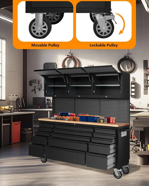 Hella Heavy Duty 72 Inch Rolling Tool Chest With 15 Drawers And Smooth Glide Wheels, Cold Rolled Steel Workshop Cabinet With Rubber Wood Top, Black Garage Storage Rack