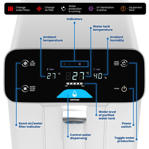 Control panel of Plug And Play 4 Stage Purification 10L Atmospheric Water Generator For Pure Drinking Water with UV Filtration system