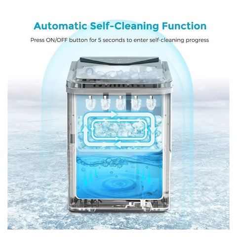 Automatic self-cleaning function of Quick Chill Countertop Ice Maker Cranking Out Soft Chewable Squares In Minutes.