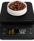 Black 0.1g Precision Digital Coffee Scale With Timer For Pour Over And Espresso, 3Kg Capacity, showing coffee beans.