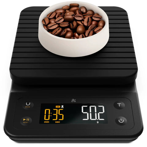 Black 0.1g Precision Digital Coffee Scale With Timer For Pour Over And Espresso, 3Kg Capacity, showing coffee beans.