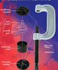 Diagram of 10 Piece Ball Joint Press Kit With U Joint Removal Tool And 4x4 Adapters For Most 2WD And 4WD Vehicles And Light Trucks Fits Dana 30 Or 44 Front Axles On Ford GM Dodge Jeep IHC with labeled components.