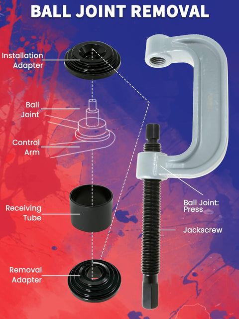Diagram of 10 Piece Ball Joint Press Kit With U Joint Removal Tool And 4x4 Adapters For Most 2WD And 4WD Vehicles And Light Trucks Fits Dana 30 Or 44 Front Axles On Ford GM Dodge Jeep IHC with labeled components.