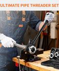 Ratcheting Pipe Threader Kit For Plumbers With Three NPT Dies One Half Inch Three Quarter Inch And One Inch Heavy Duty Pro Grade Portable Pipe Die Tool With Storage Case For Galvanized Steel Iron Copper Aluminum Pipes shown in use with a pipe in a workshop setting.