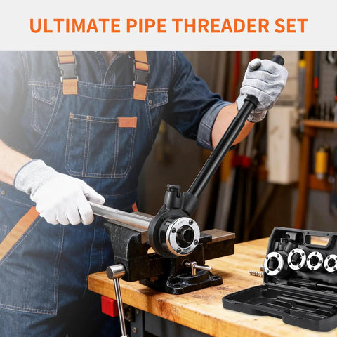 Ratcheting Pipe Threader Kit For Plumbers With Three NPT Dies One Half Inch Three Quarter Inch And One Inch Heavy Duty Pro Grade Portable Pipe Die Tool With Storage Case For Galvanized Steel Iron Copper Aluminum Pipes shown in use with a pipe in a workshop setting.