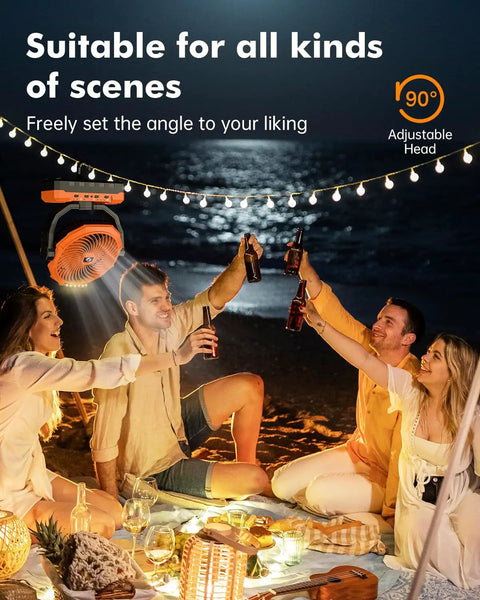 Group enjoying beach picnic with Three In One Camping Fan With Detachable Battery Built In Led Light And Hook Portable Usb Table Fan