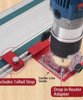 Solid Aluminum Router Guide Rail Adapter With Secure Rail Stop For Fixed Base Trim Routers mounted on guide track with rail stop.