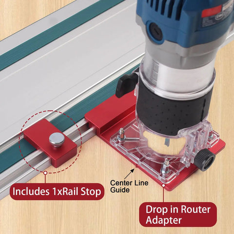 Solid Aluminum Router Guide Rail Adapter With Secure Rail Stop For Fixed Base Trim Routers mounted on guide track with rail stop.