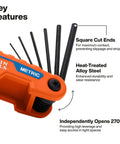 Close-up of Compact Folding Hex Key Set with 12 Metric and SAE Sizes showing square cut ends and heat-treated alloy steel.