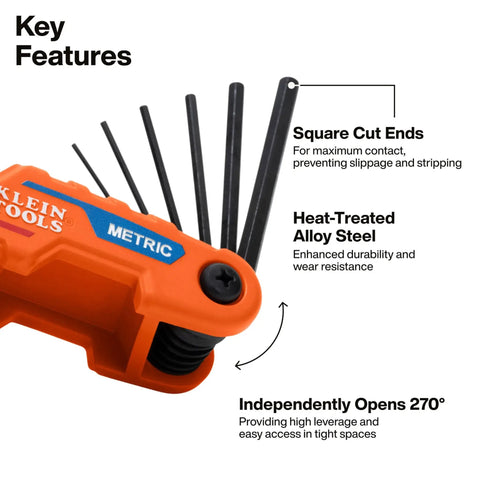 Close-up of Compact Folding Hex Key Set with 12 Metric and SAE Sizes showing square cut ends and heat-treated alloy steel.