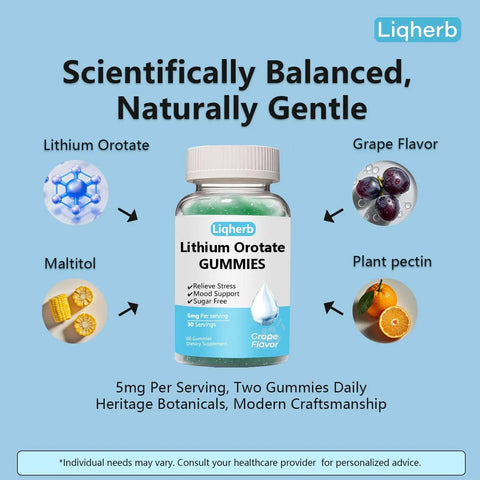 Lithium Orotate 5mg Gummies For Mood Support And Stress Management Vegan Sugar Free Non GMO Gluten Free Grape Flavor 60 Count