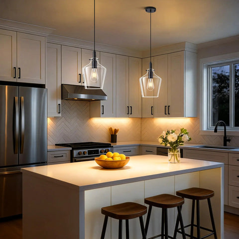 Kveosv 2 Pack Kitchen Island Pendant Lights, 8" Clear Glass Shade Black Modern Farmhouse Industrial Pendant Light Fixtures above kitchen island.