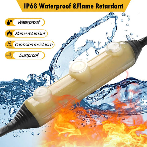 Beefed-Up In-Ground Waterproof Cable Junction Box For Outdoor And Underground Installations, IP68 Rated Enclosure, Extreme Weather Ready, Corrosion And Compression Resistant, Flame-Retardant Sealant, Built For Harsh Environments. transparent IP68 cable junction box with sealed ends for outdoor underground use