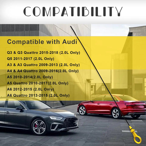 Audi 2.0L Engine Oil Dipstick For A3 A4 A5 A6 Q3 Q5 TT compatibility chart with car images and dipstick overlay
