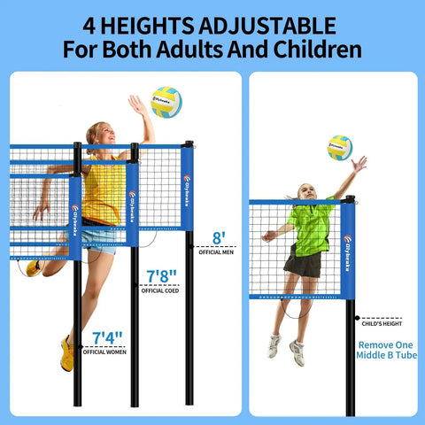 20 Foot Outdoor Volleyball Net Set With Anti Sag Net Adjustable Iron Poles showing different height options for games.
