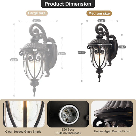 Antique Bronze Outdoor Porch Light With Wall Mount Vintage Exterior Sconce Lantern For Garage And Front Door 18 Inch Patio Fixture With Seeded Glass Shade And Warm Welcoming Glow Retro Vibe, dimensions and details shown.
