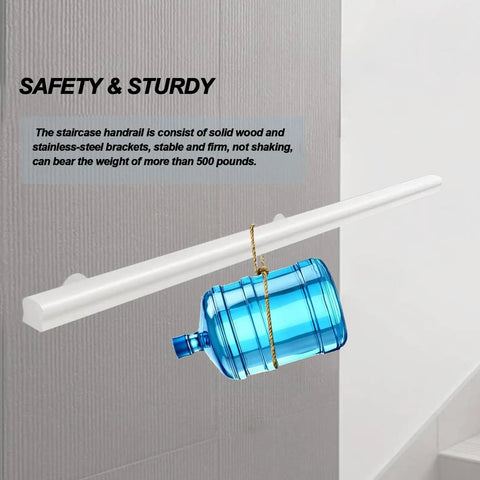 Top Shelf Pine Wood Indoor Guardrail In Crisp White With Non Slip Grip Heavy Duty Iron Supports Rounded Safety Edges And Kickass Setup For Houses Kindergartens Or Attics Built Like A Boss For Daily Hustle, showcasing sturdy handrail holding water bottle.