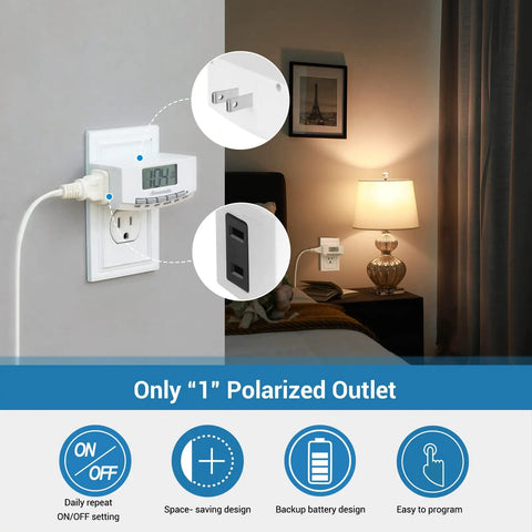 Two Pack 24 Hour Timer Outlet for Indoor Lights and Appliances, 125V 15A 1000W, Polarized Left Outlet Always On, Right Side Timer Control, Daily Repeat Programming, UL Listed, Great for Lamps, Heaters, Fans, Aquariums
