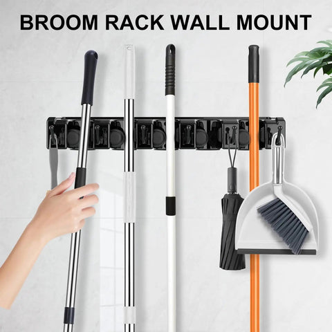 Broom And Mop Organizer Wall Mount 2 Pack With 5 Ball Slots And 6 Hooks Black Space Saver Cleaning Tools Organizer for Kitchen