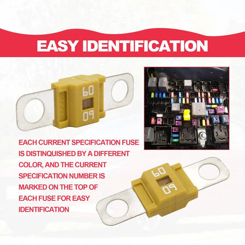 Pack Of 3 Heavy Duty 60 Amp Midi Fuses High Current Bolt On Swap For Cars Trucks showing yellow fuse for easy identification.