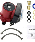 High Output Water Circulator Pump With Straightforward Installation And Smooth Operation For Residential Hydronic Heating Systems, includes fittings and instructions.